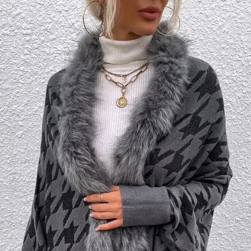 Houndstooth Faux Fur Fringe Cardigan